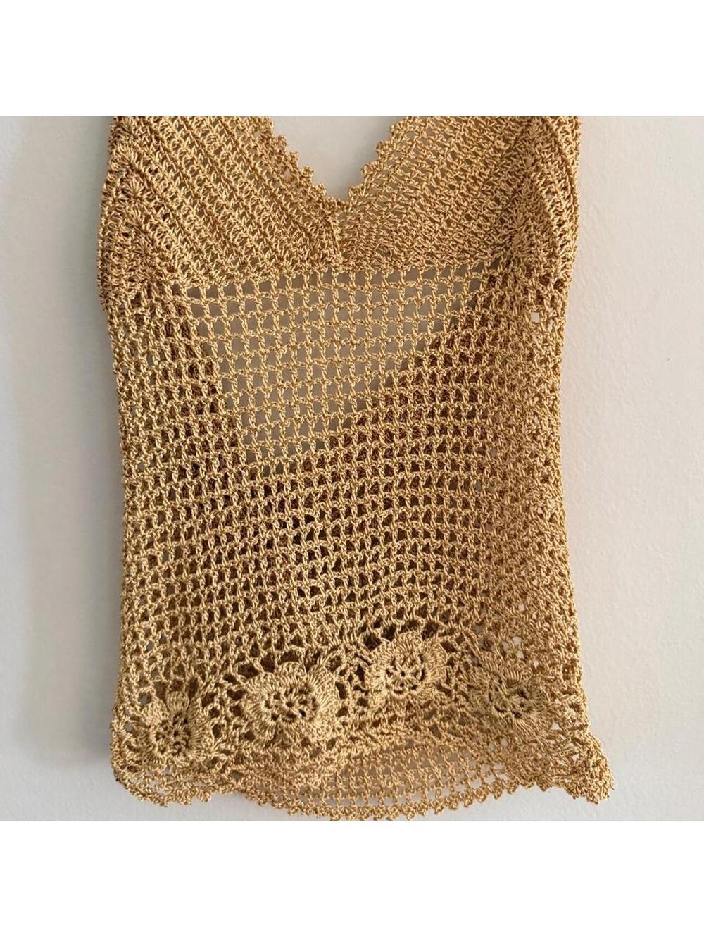 Gold Metallic Crotchet Halter Top With Floral Lace Trim - Picture 2 of 4